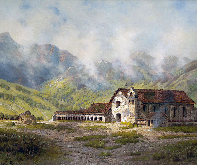 Historic painting of Mission Santa Inés with mountains in the background